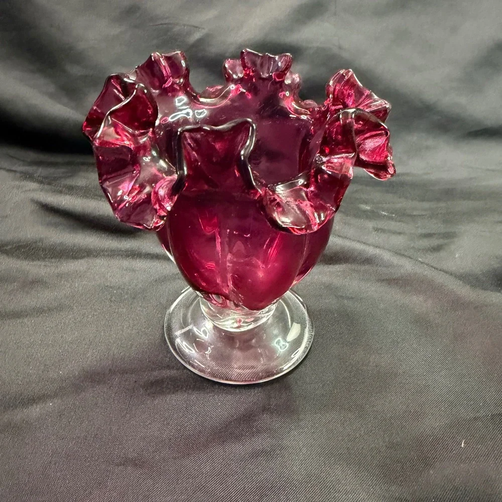 Vintage Fenton Cranberry Glass Melon Ribbed Vase Ruffled Rim Clear Pedestal Foot